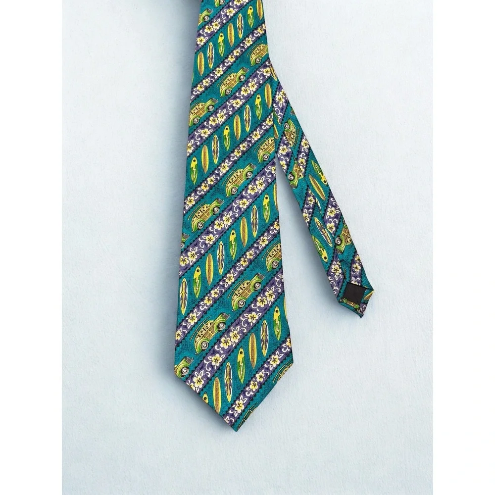 Vintage Hawaii Surf Tie 100% Silk Surf Board Vintage Car FUN RETRO Blue/Green